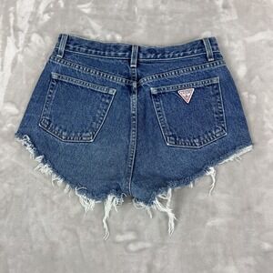 Guess High Waist Denim Shorts in Dark Blue with Distressed Hem